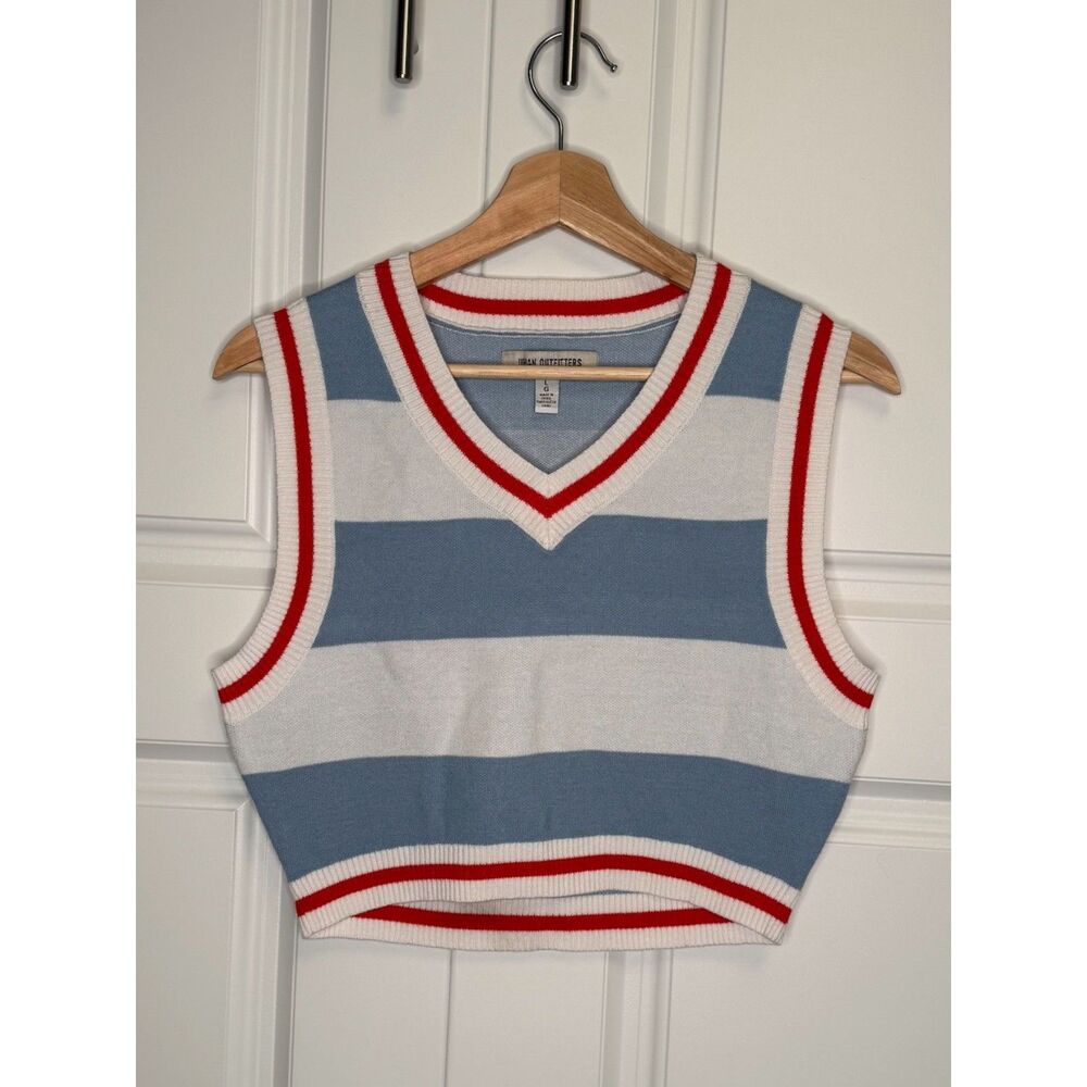 Urban Outfitters Cropped Sweater Vest L Blue White Red Striped Preppy Tenniscore
